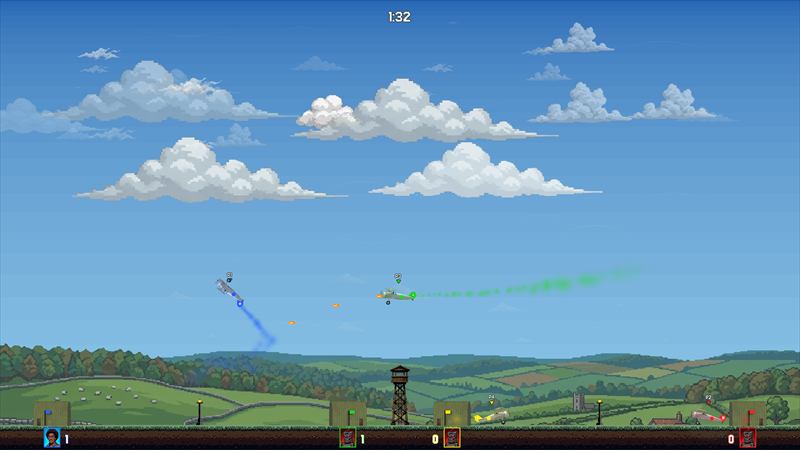 Four planes dogfighting over the English countryside level