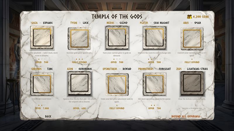 The Temple of the Gods upgrade screen, a marble slab of ten god upgrade cards