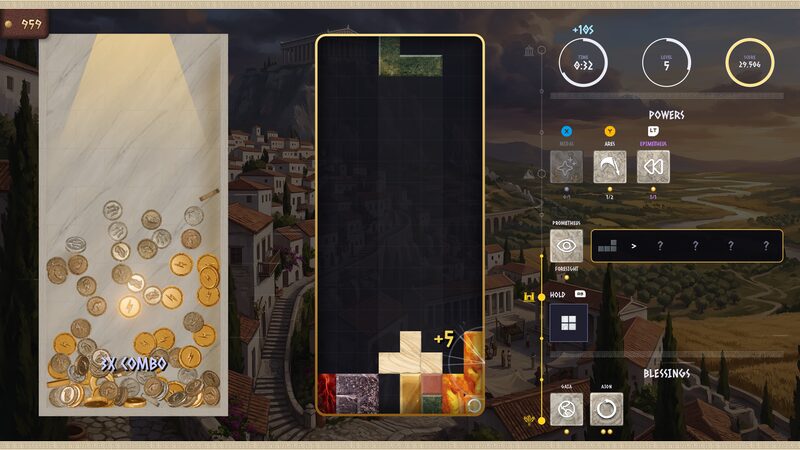 A 3x combo lands as gold and silver coins pour into the marble coin tray beside the playfield