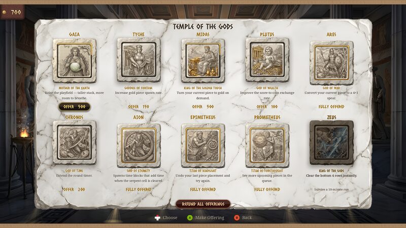The Temple of the Gods offering screen with ten carved god cards, their costs and effects