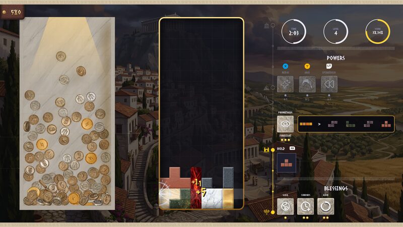 Mid-run playfield above an Athenian valley, with the Powers and Blessings sidebar showing Midas, Ares and Epimetheus